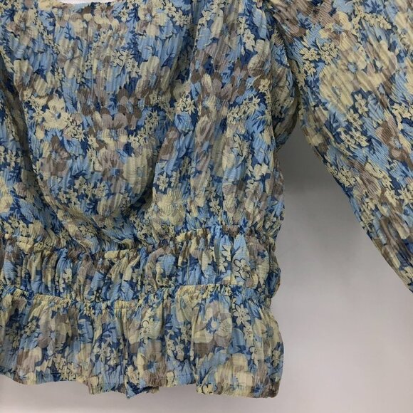 ASTR The Label  Elva Floral Long Ruffle Sleeve Square Neck Blue Taupe blouse LG - Picture 12 of 16